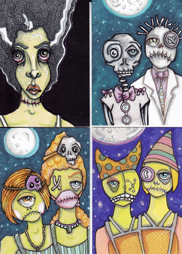 Bride, Creepy Prom Date and two sets of Circus Creepers! Each 2.5" x 3.5" art cards, Copics