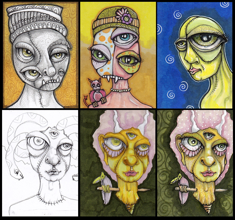 Creepies with Creepy Eyes Each 2.5" x 3.5" ink and Copics