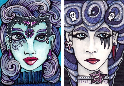 Cerys, the Hope Queen and Goth Girl Tess ATCsEach 2.5" x 3.5" Copics, fine liners, white gel pen