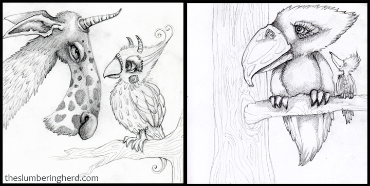 2 with Birds, 6" x 6" pencil sketches