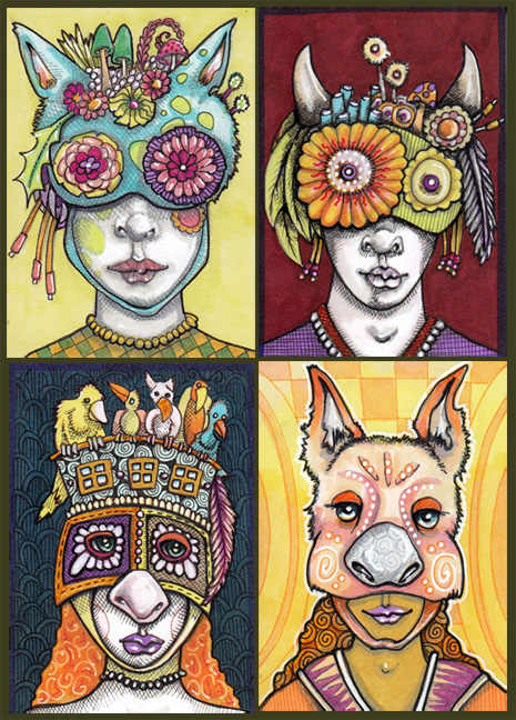 Four with Masks Each 2.5" x 3.5" Ink, Copic Markers
