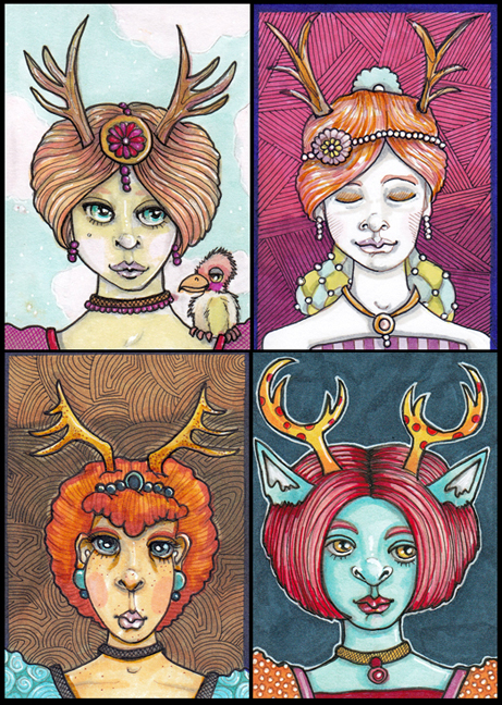 Four with Antlers Each 2.5" x 3.5" ink, Copic markers