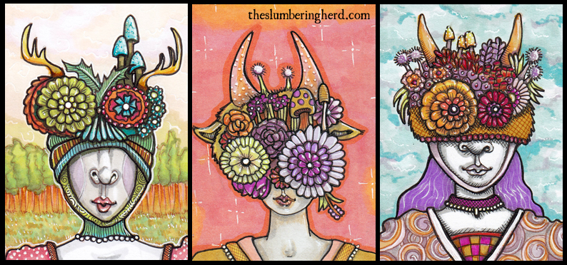 Three More Flower Masks Each 2.5" x 3.5"ink, Copics 